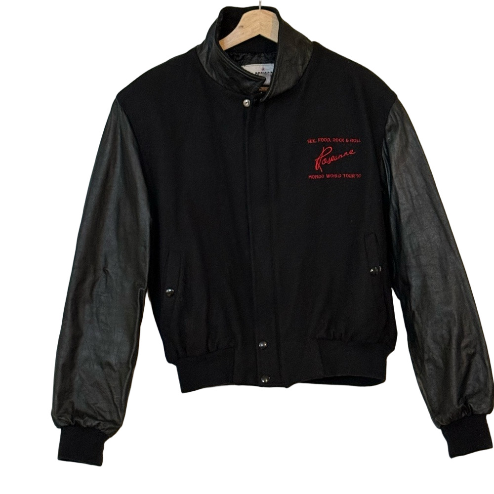 Classic Black Bomber 100% wool Jacket with Leather Sleeves